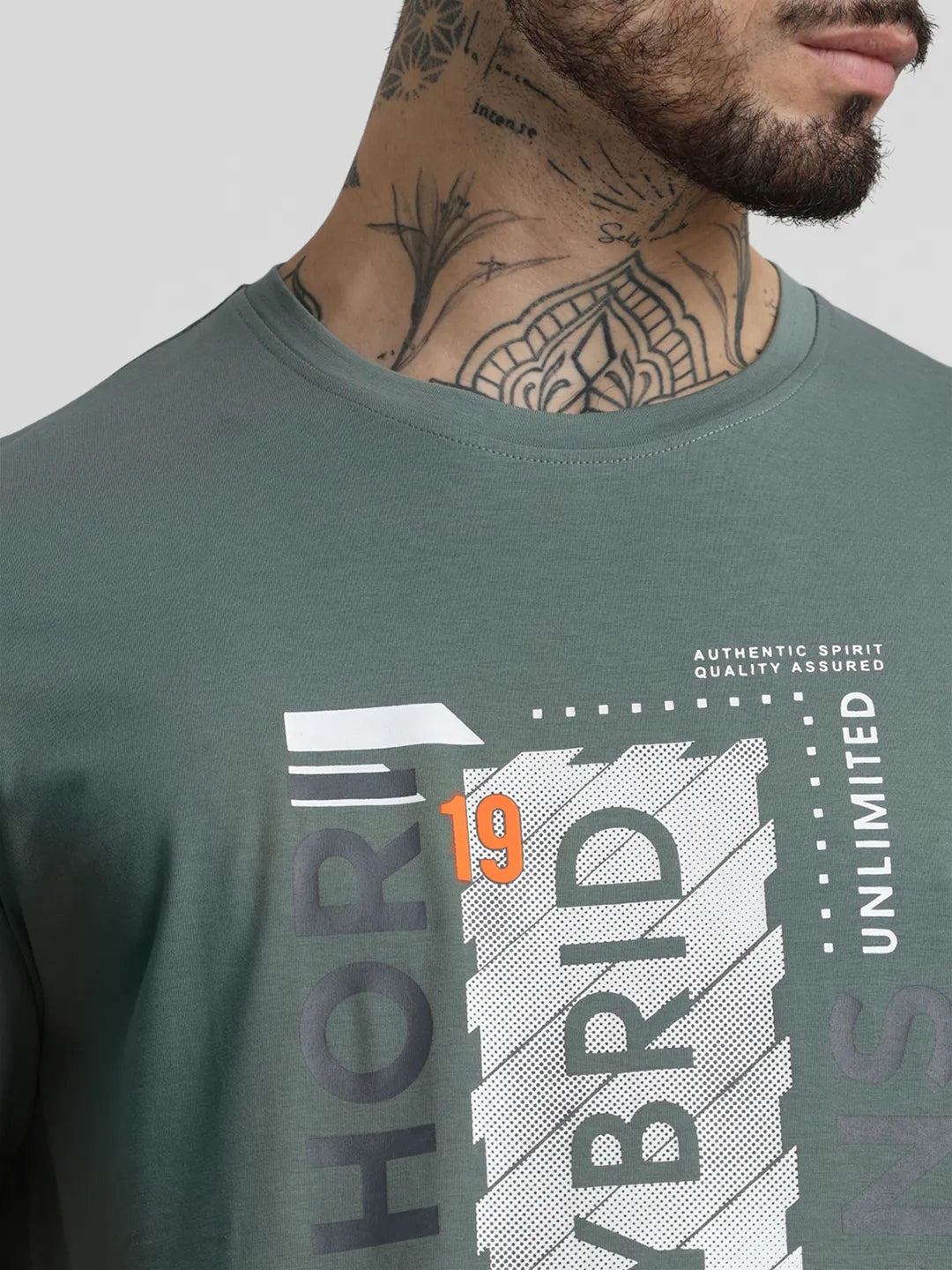 Dusty Green Printed Round Neck T-Shirt