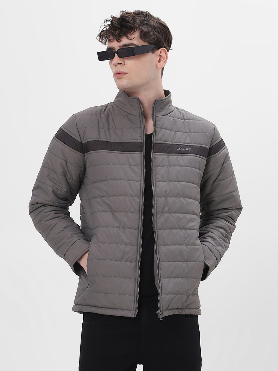 Grey & Black Colourblocked Lightweight Puffer Jacket