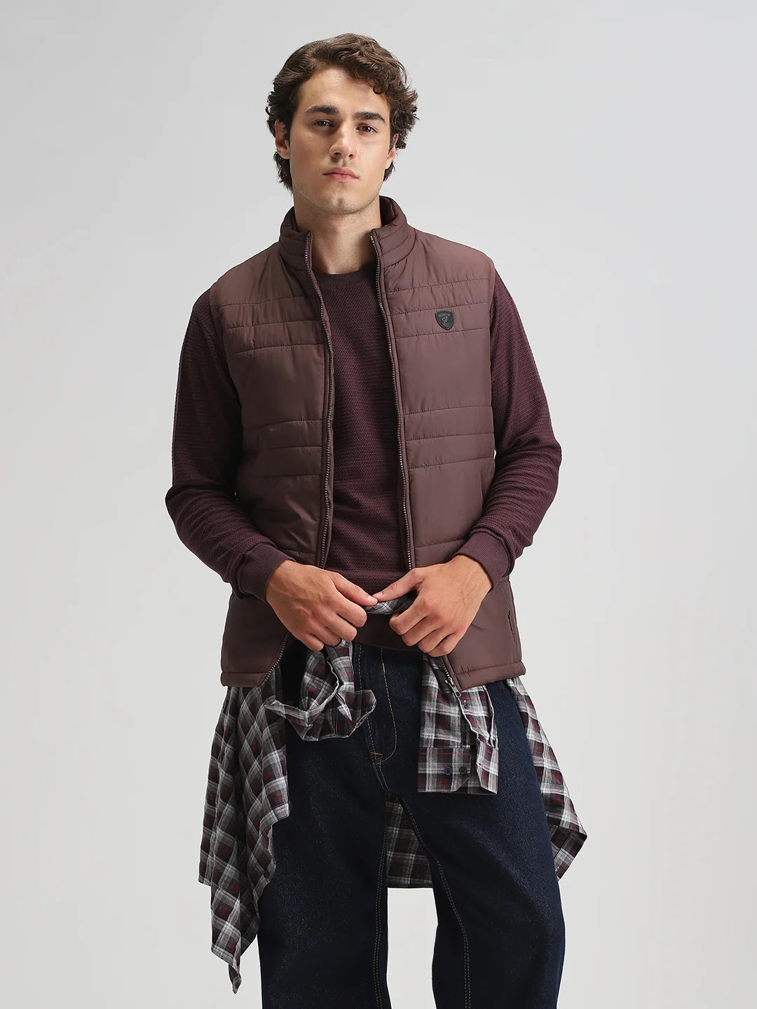 Coffee Solid Puffer Regular Fit Jacket