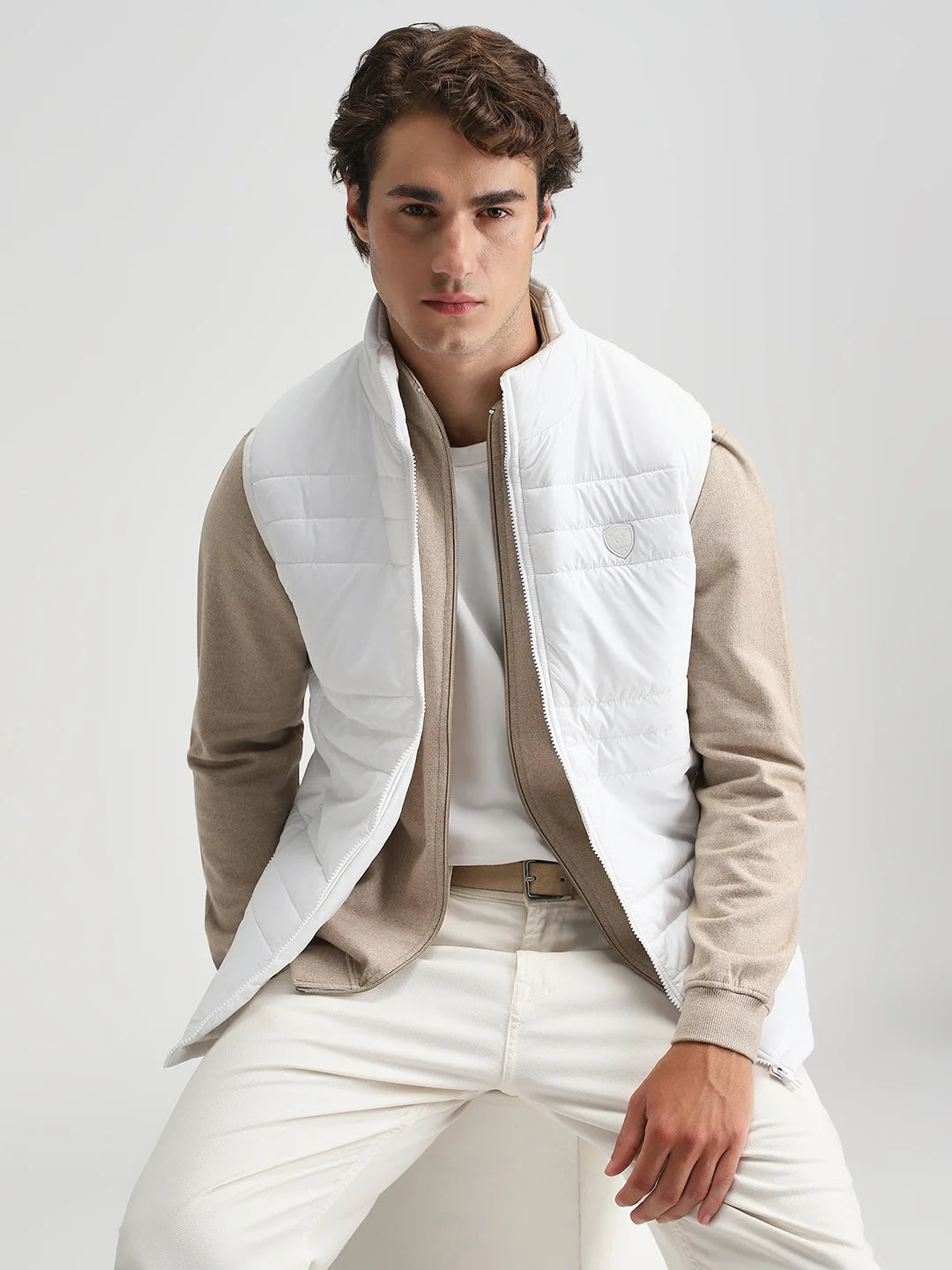 White Solid Puffer Regular Fit Jacket