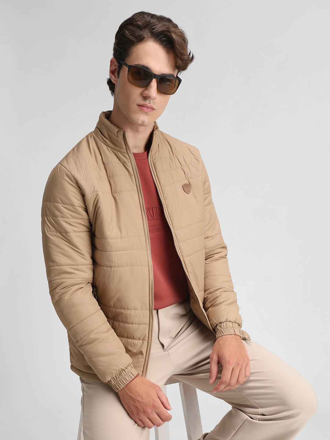 Khaki Solid Puffer Regular Fit Jacket