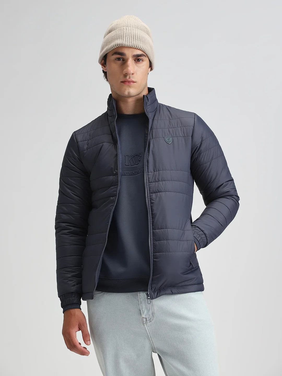 Navy Solid Puffer Regular Fit Jacket