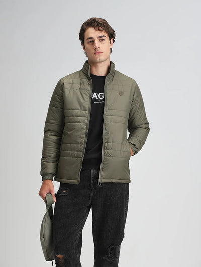 Olive Solid Puffer Regular Fit Jacket