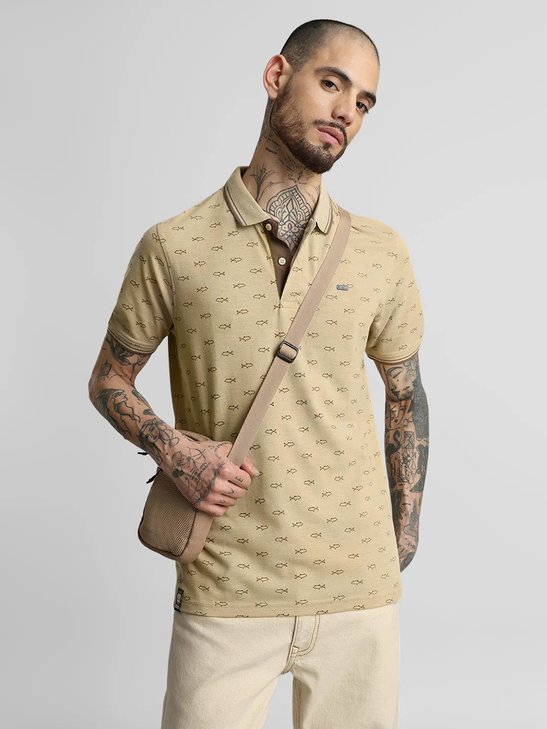 Khaki Melange Printed Polo T-Shirt