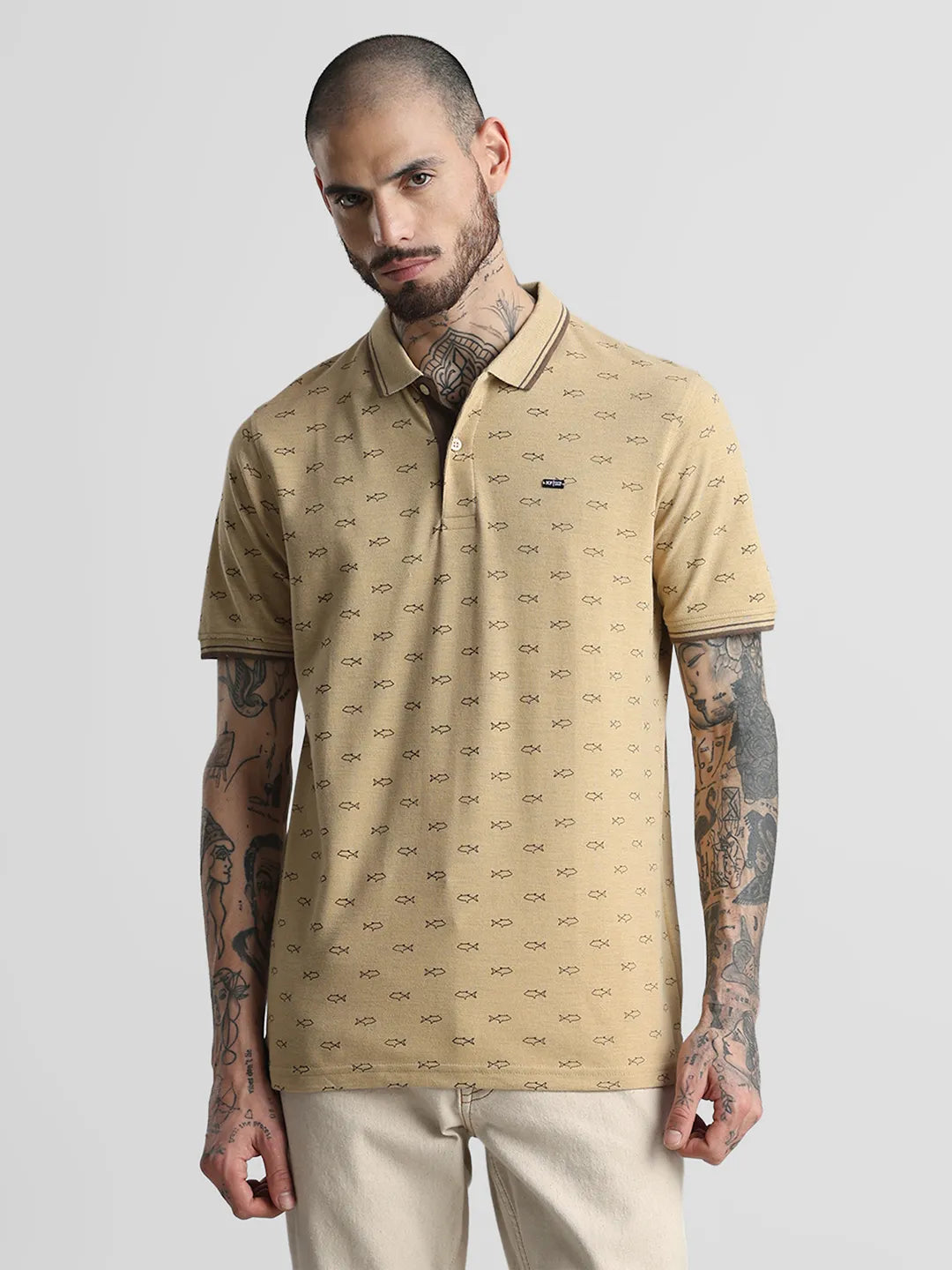 Khaki Melange Printed Polo T-Shirt
