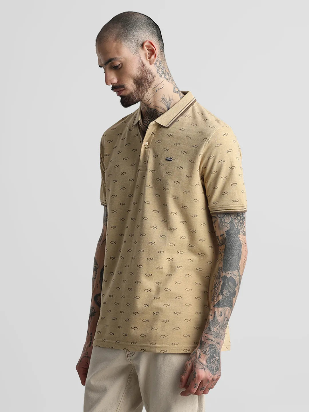 Khaki Melange Printed Polo T-Shirt