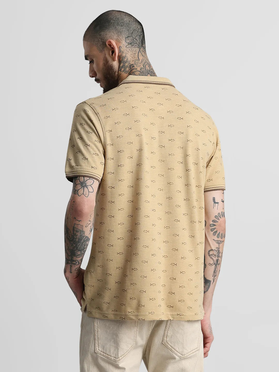 Khaki Melange Printed Polo T-Shirt