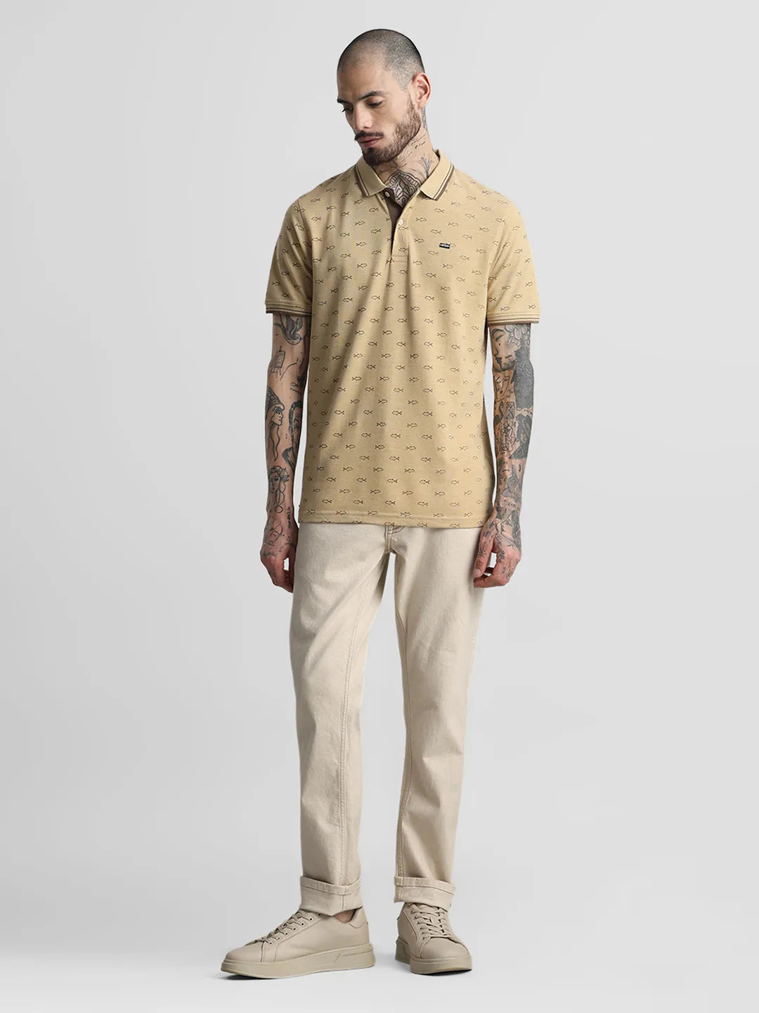 Khaki Melange Printed Polo T-Shirt