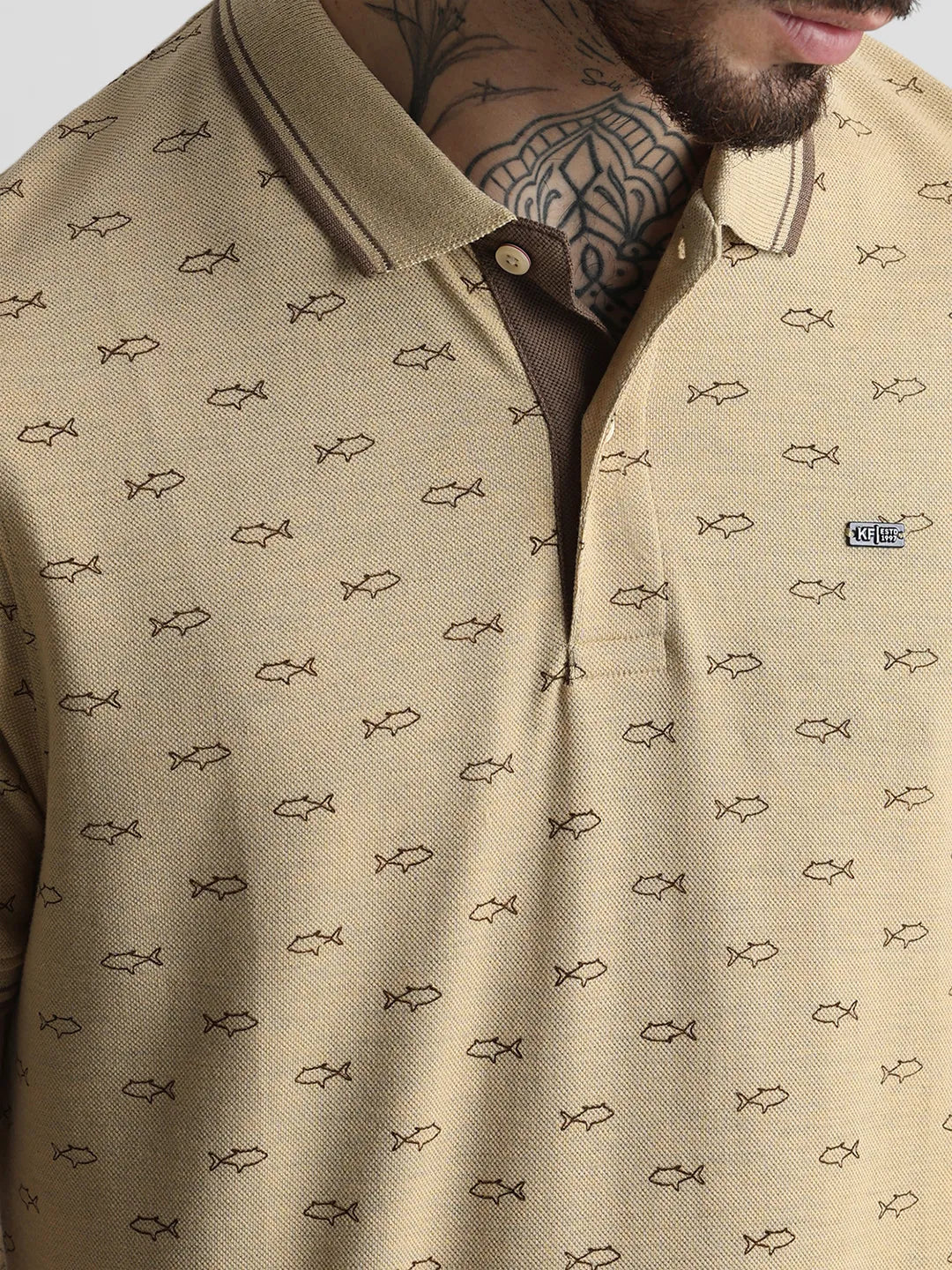 Khaki Melange Printed Polo T-Shirt