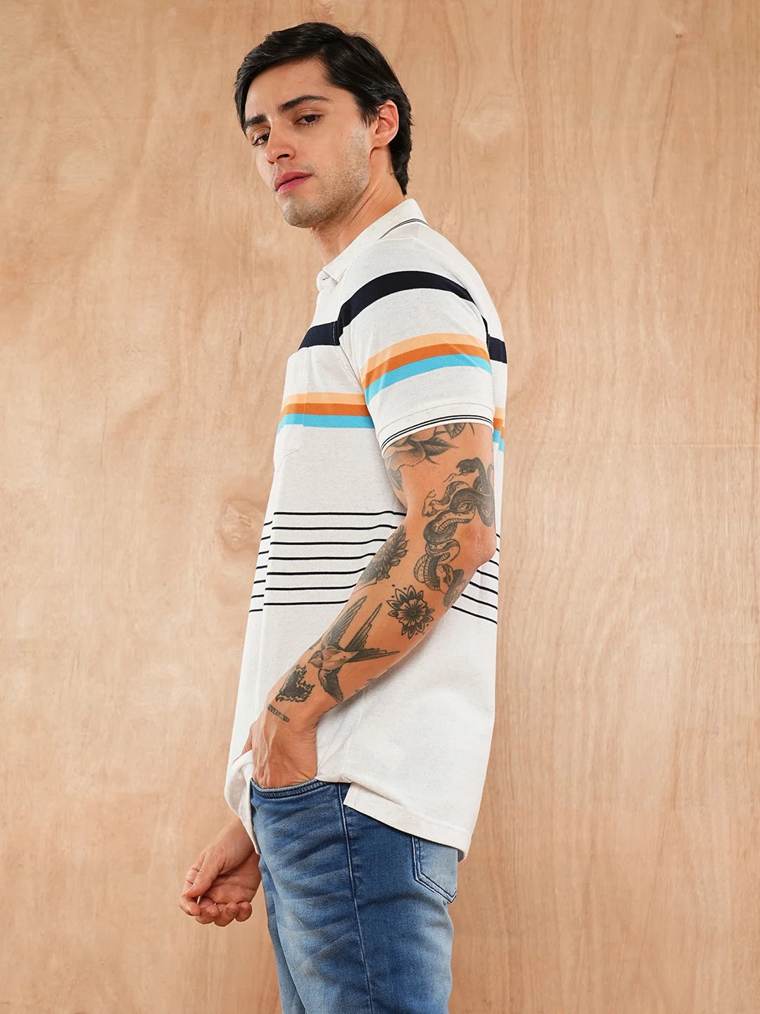 White Navy Striped Polo Regular H/S T-Shirt