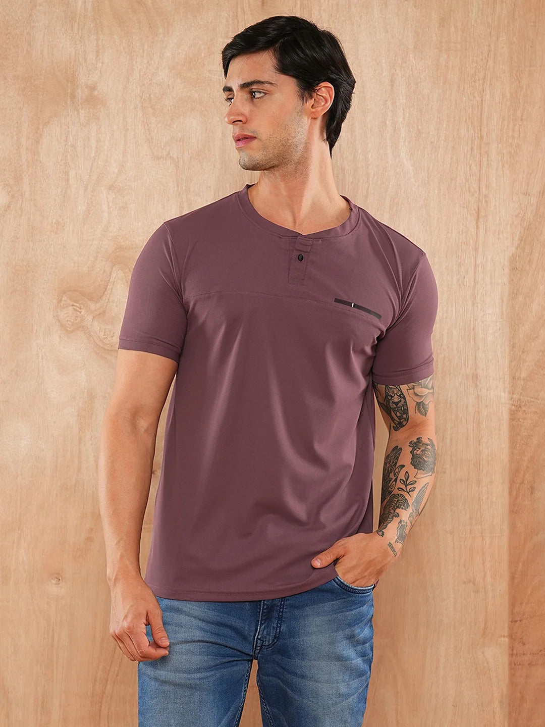 Wine Solid Round Regular H/S T-Shirt