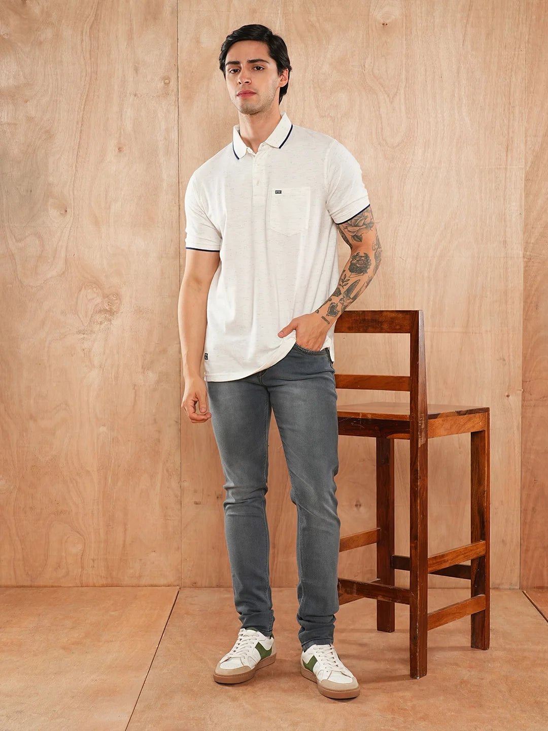 Ecru Melange Solid Polo Regular H/S T-Shirt