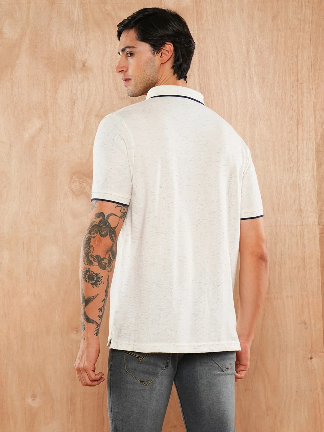 Ecru Melange Solid Polo Regular H/S T-Shirt