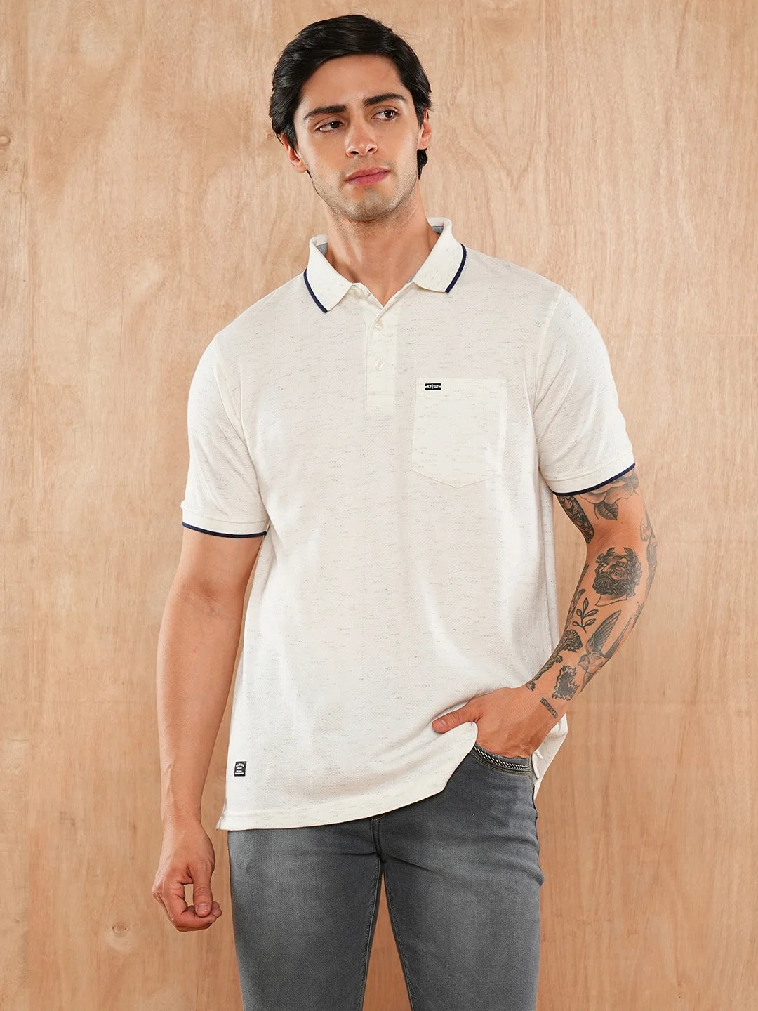 Ecru Melange Solid Polo Regular H/S T-Shirt