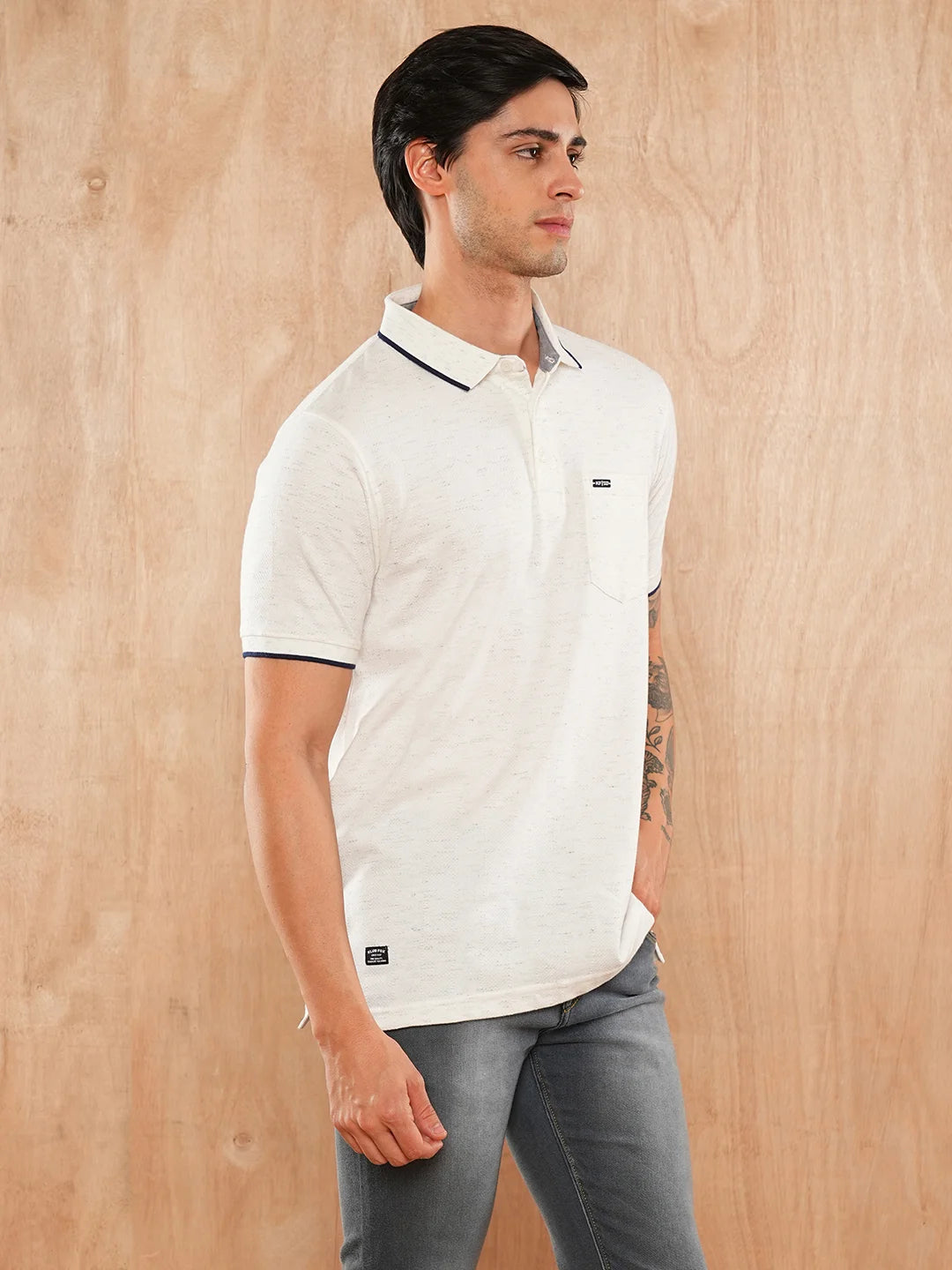 Ecru Melange Solid Polo Regular H/S T-Shirt