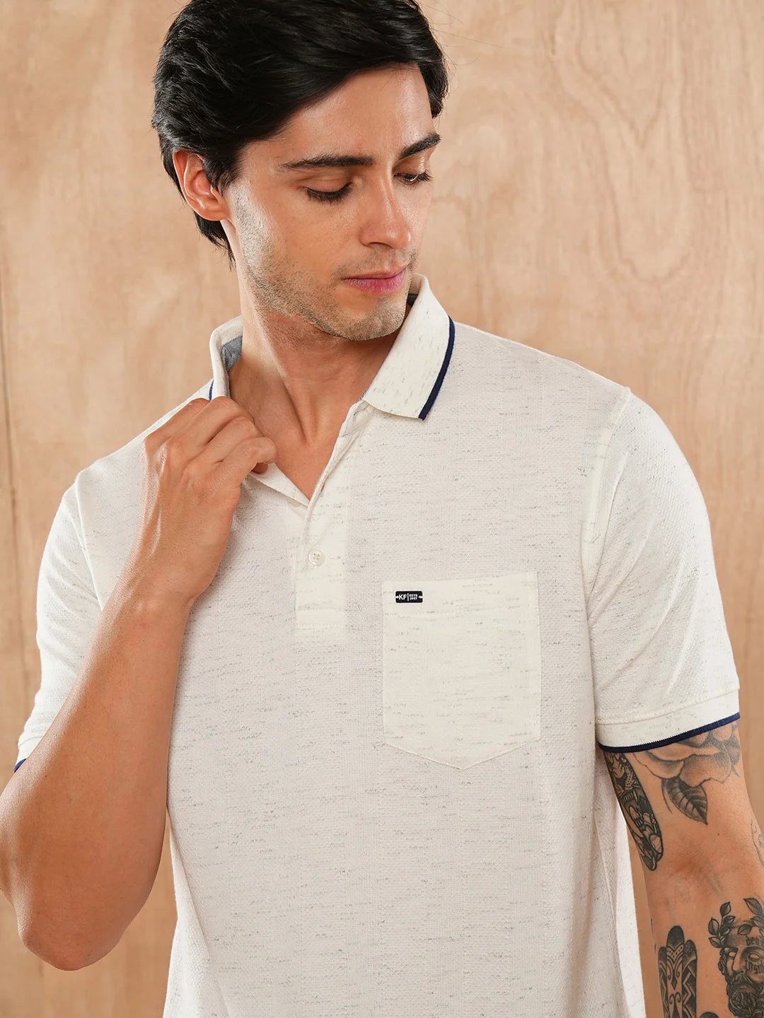 Ecru Melange Solid Polo Regular H/S T-Shirt