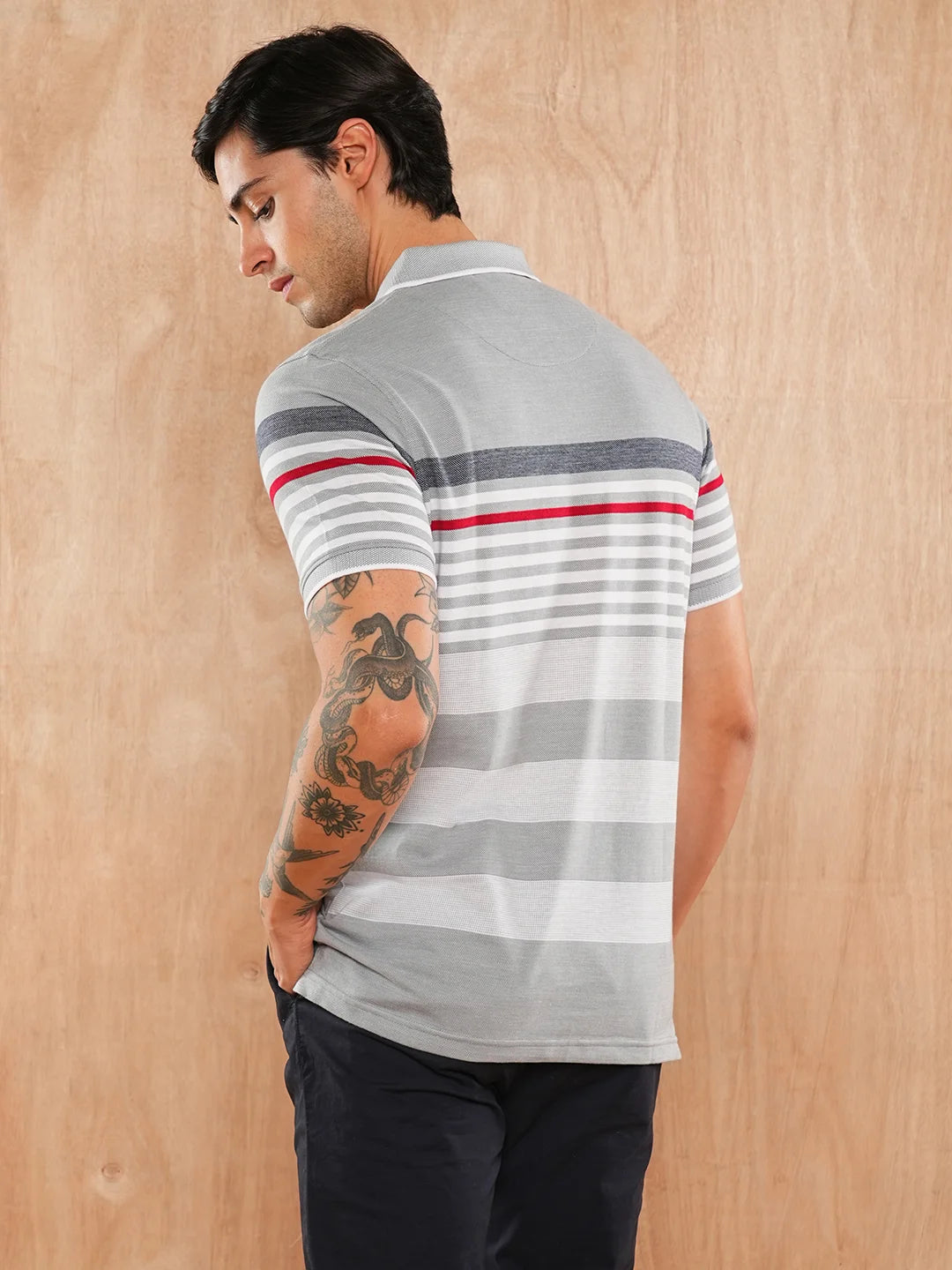 Grey White Striped Polo Regular H/S T-Shirt