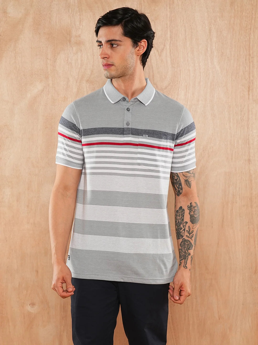 Grey White Striped Polo Regular H/S T-Shirt