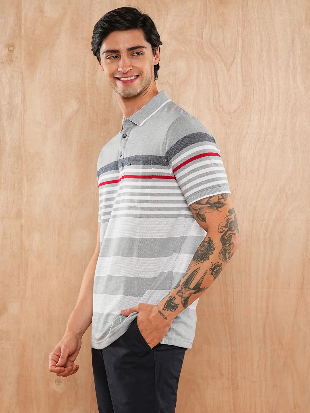 Grey White Striped Polo Regular H/S T-Shirt