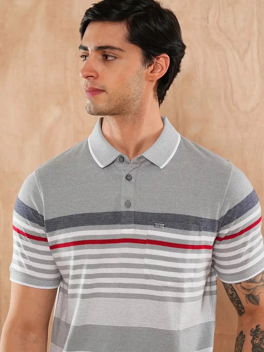 Grey White Striped Polo Regular H/S T-Shirt