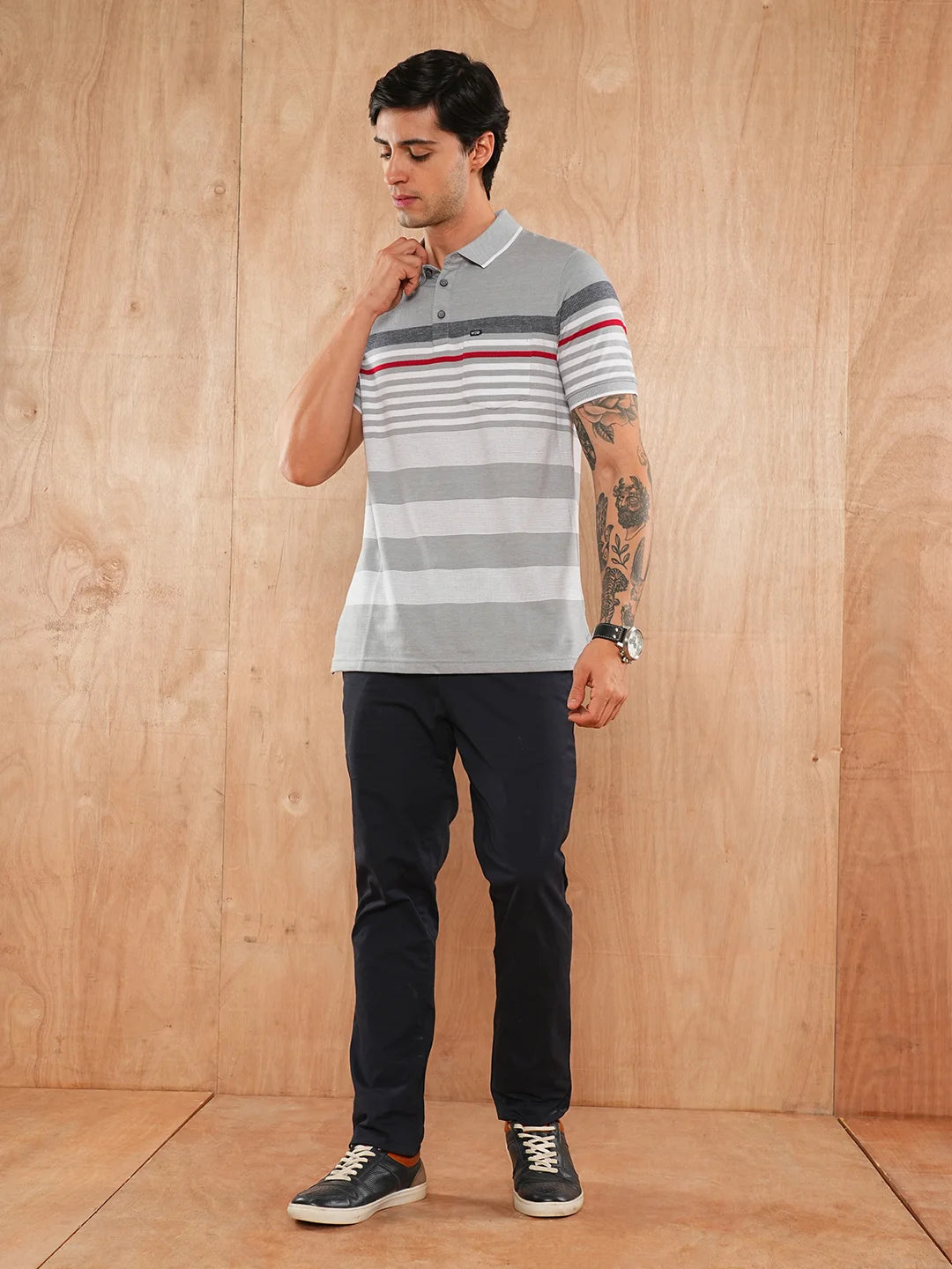 Grey White Striped Polo Regular H/S T-Shirt