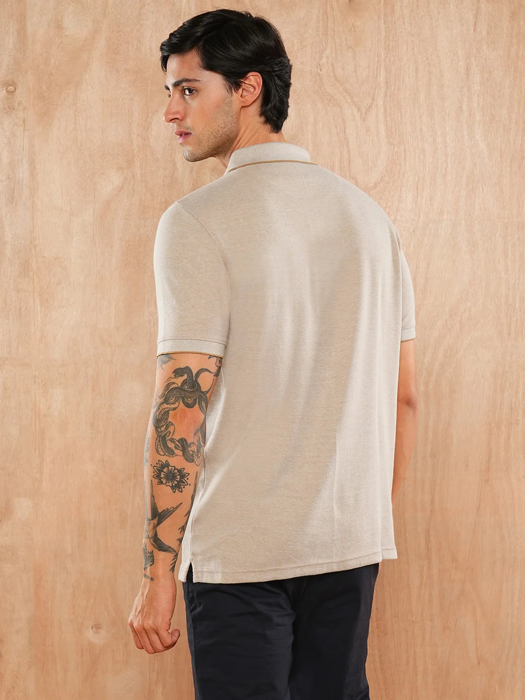 Beige Solid Polo Regular H/S T-Shirt