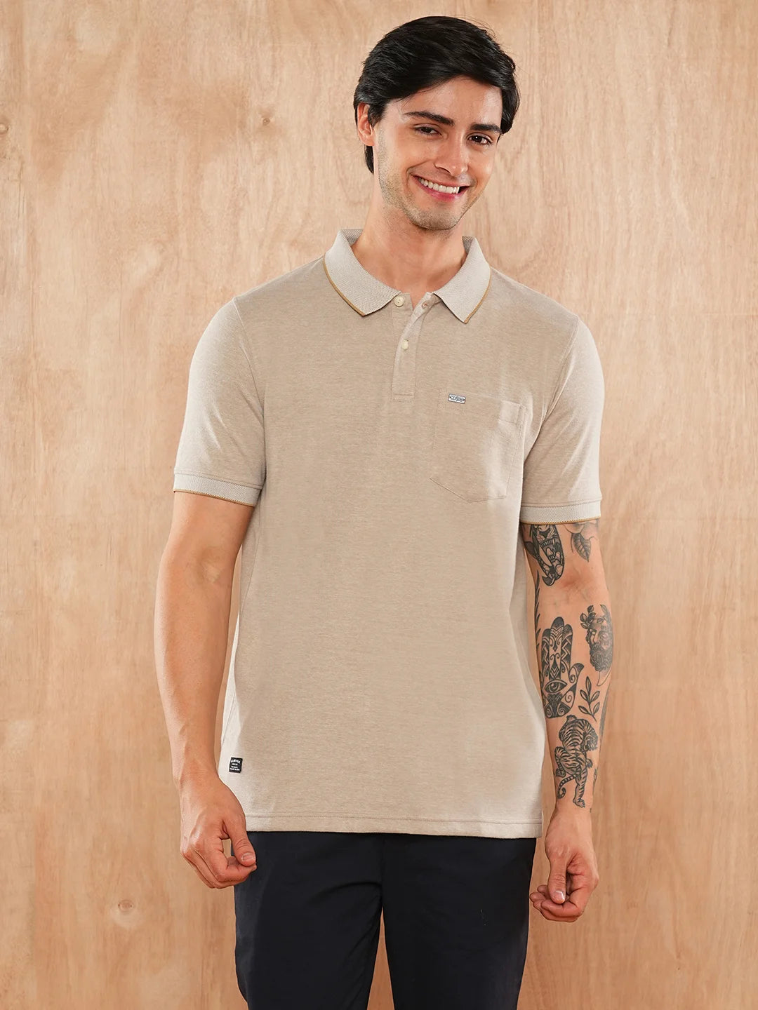 Beige Solid Polo Regular H/S T-Shirt