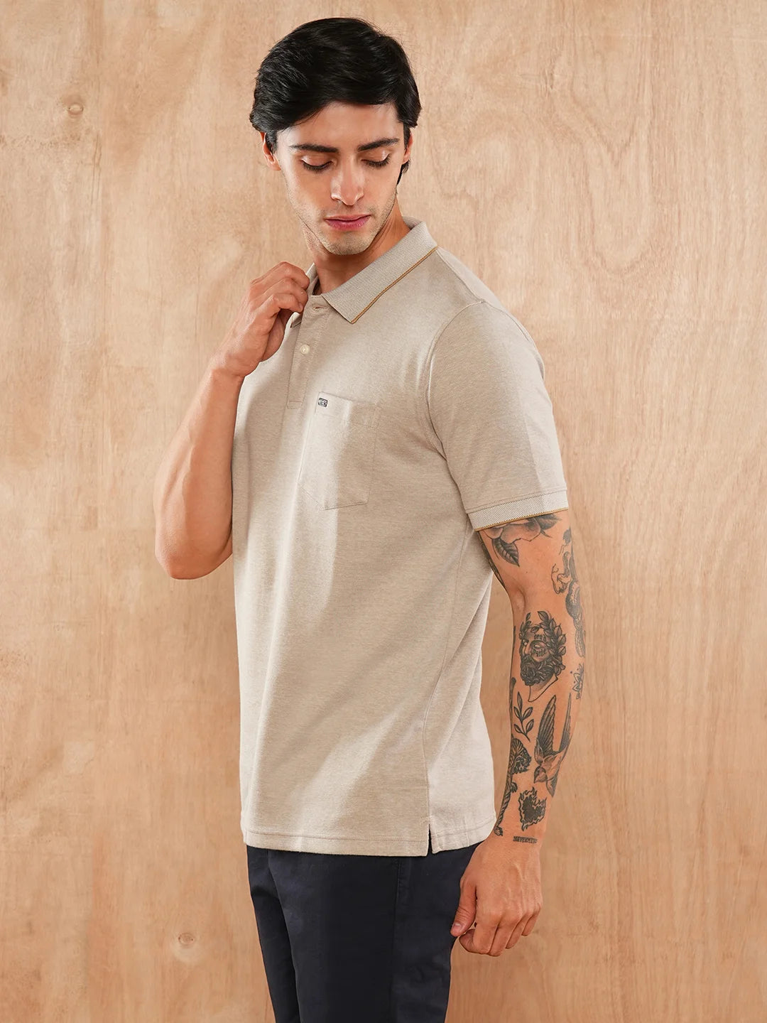 Beige Solid Polo Regular H/S T-Shirt