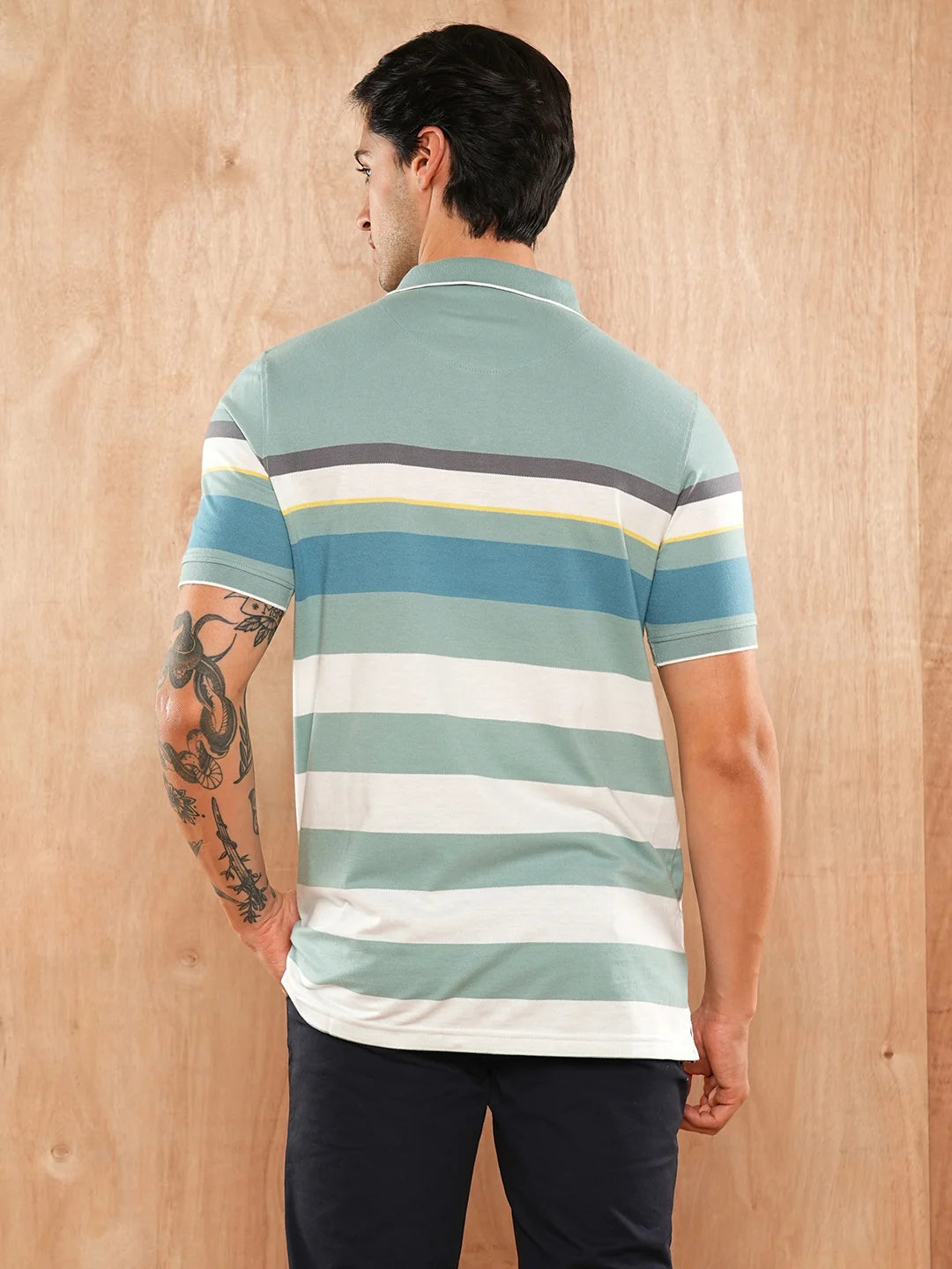 Dusty Green Striped Polo Regular H/S T-Shirt