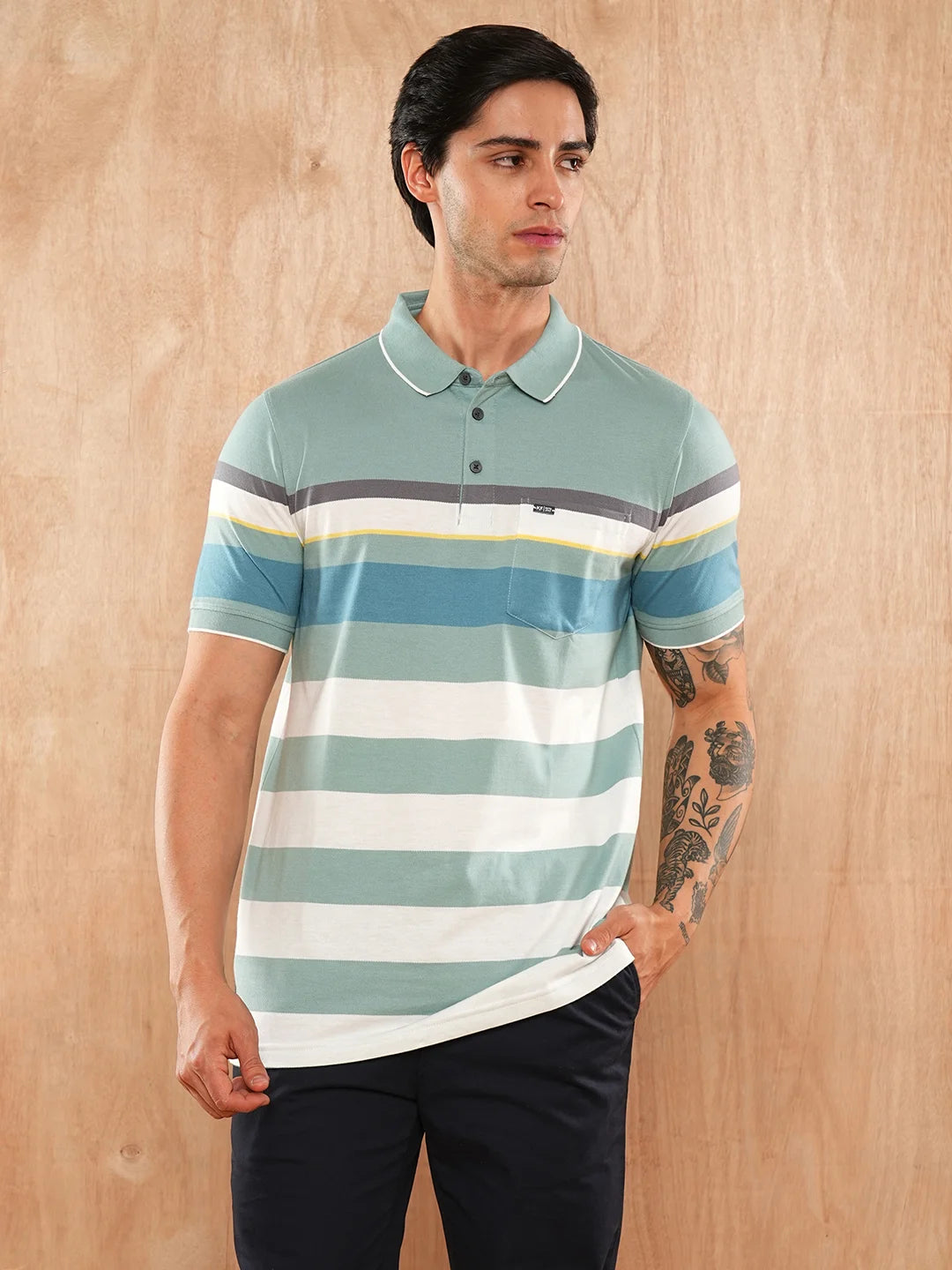 Dusty Green Striped Polo Regular H/S T-Shirt