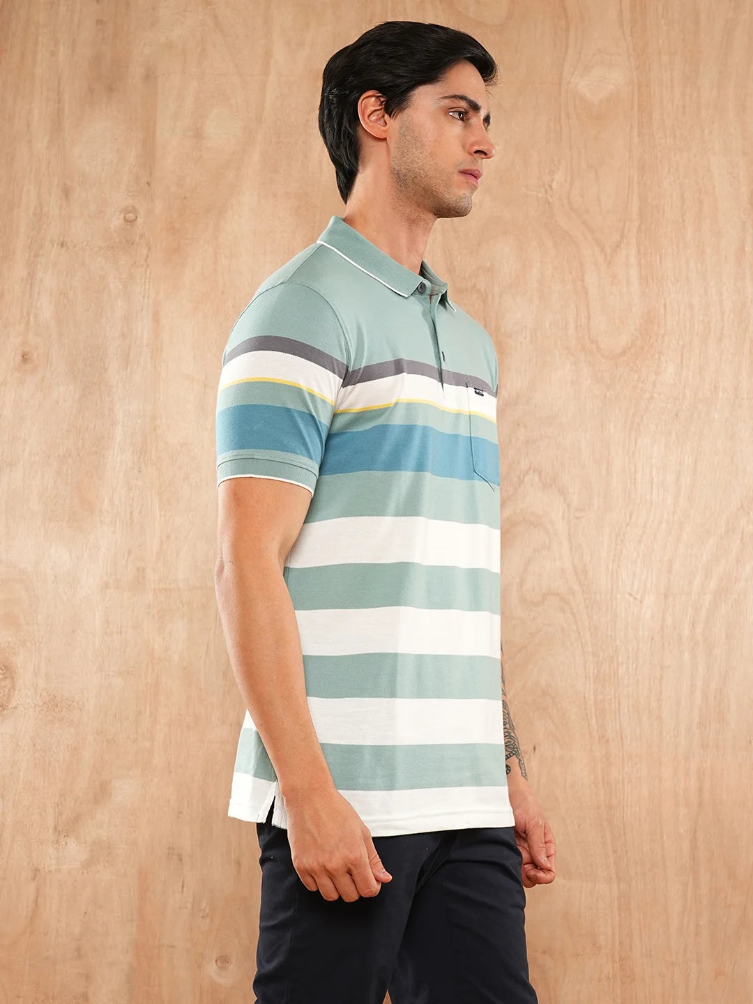 Dusty Green Striped Polo Regular H/S T-Shirt