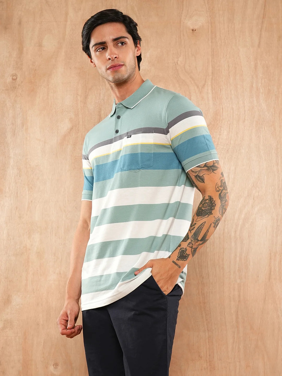 Dusty Green Striped Polo Regular H/S T-Shirt