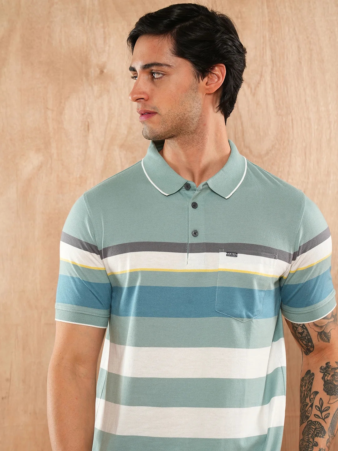 Dusty Green Striped Polo Regular H/S T-Shirt