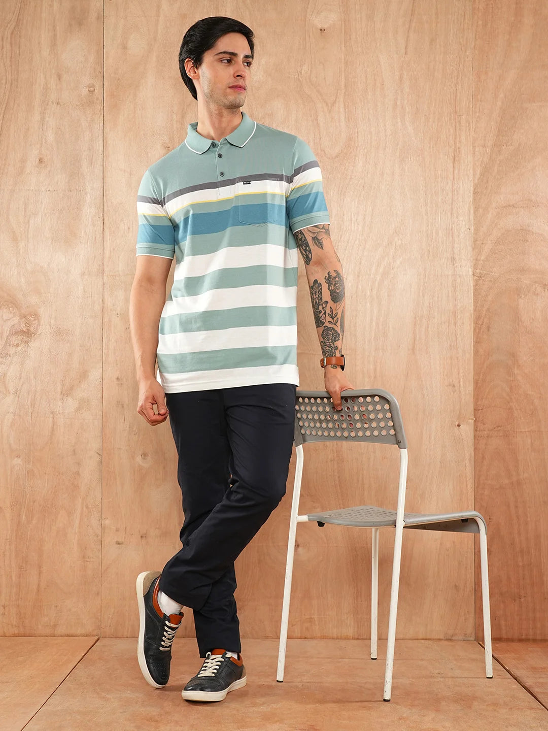 Dusty Green Striped Polo Regular H/S T-Shirt