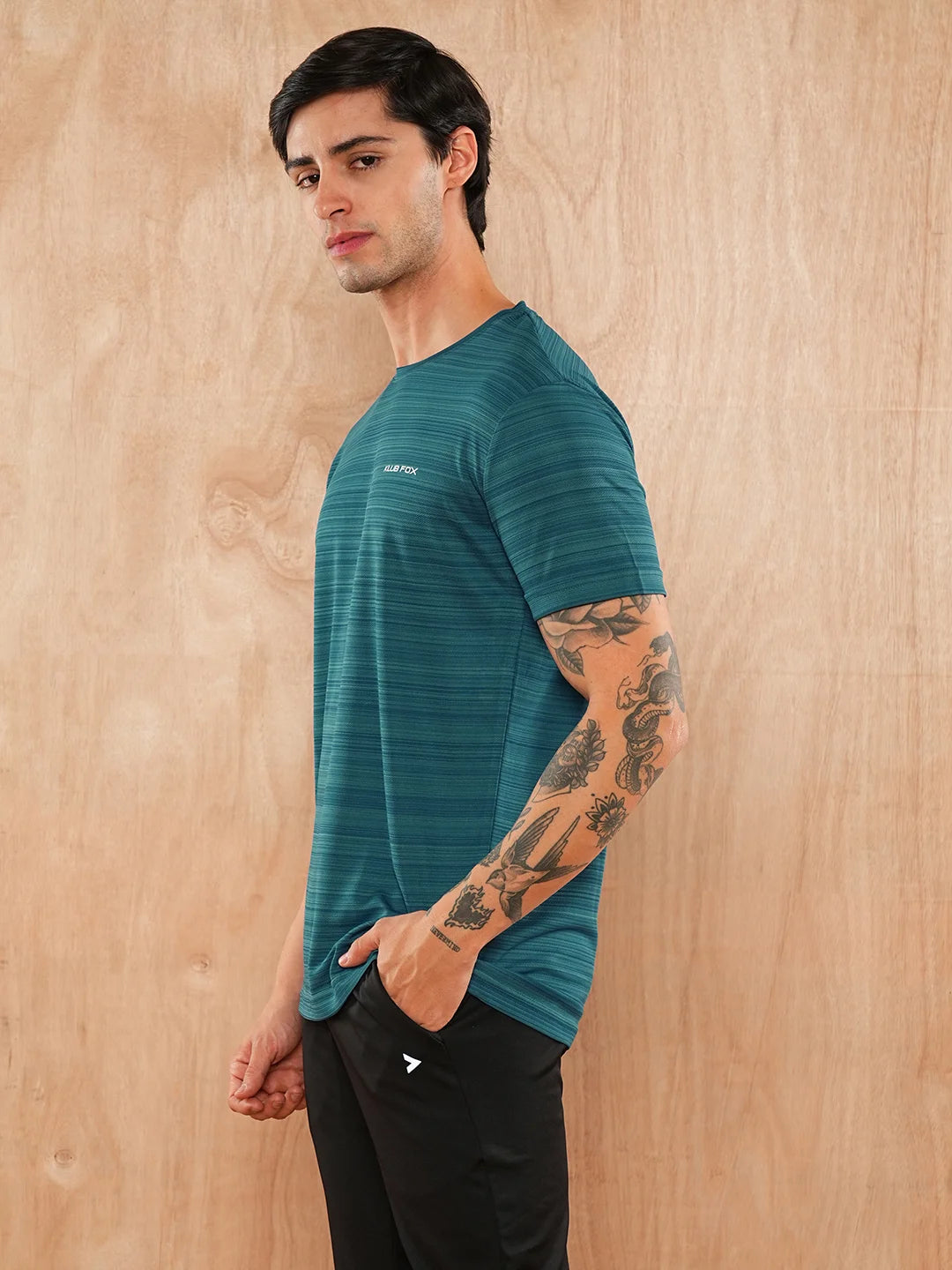 Teal Blue Solid Round Regular H/S T-Shirt