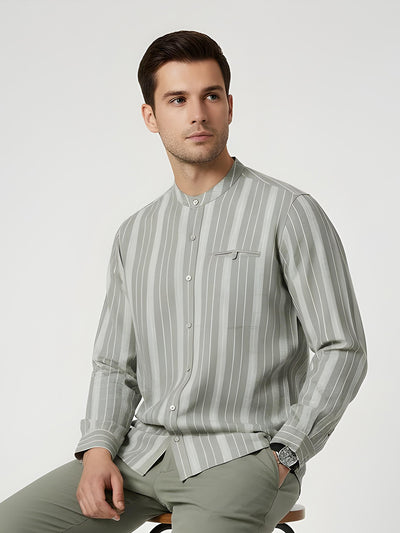 Light Olive Striped Mandarin Collar Shirt