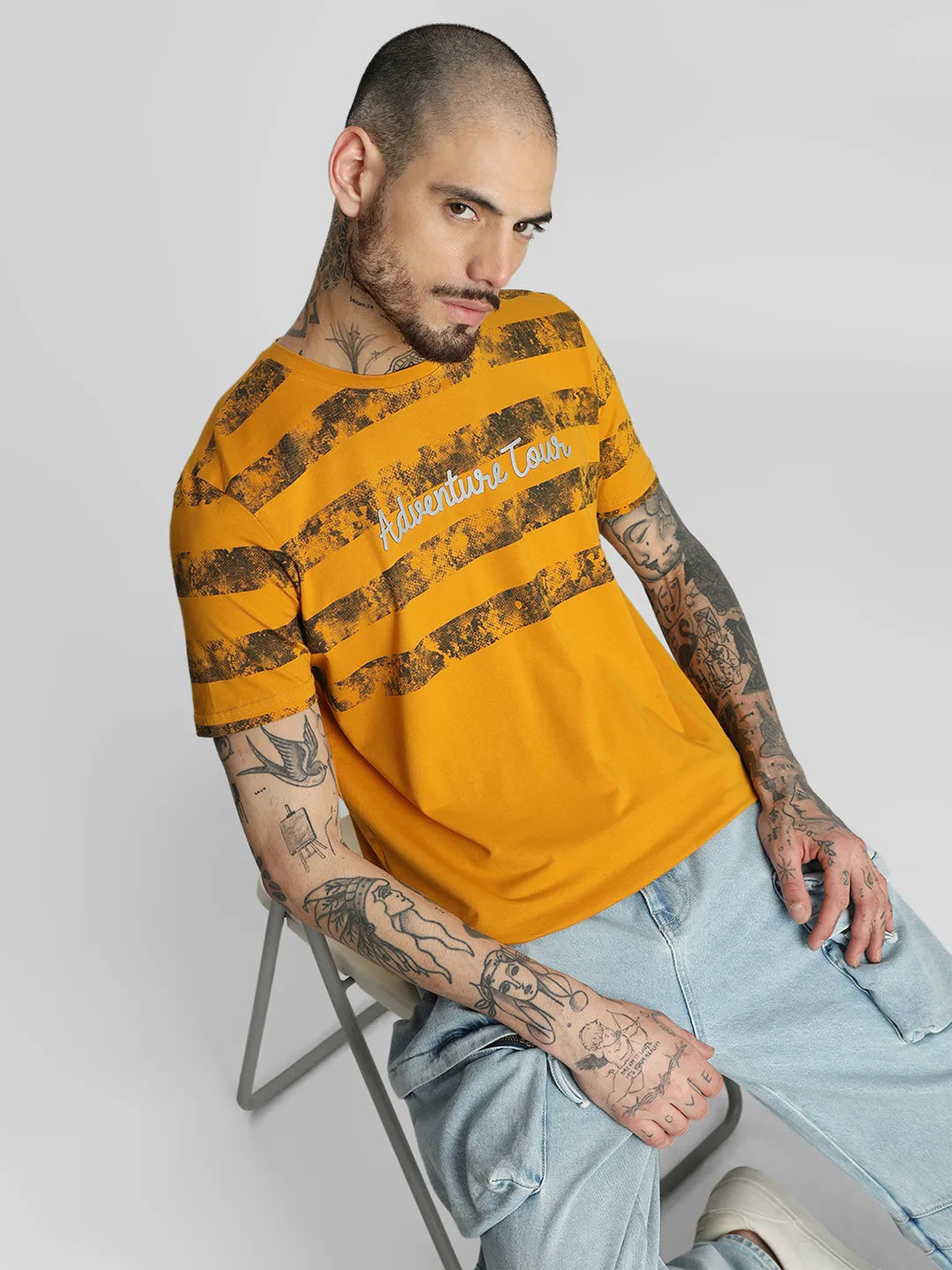 Mustard Printed Round Neck T-Shirt