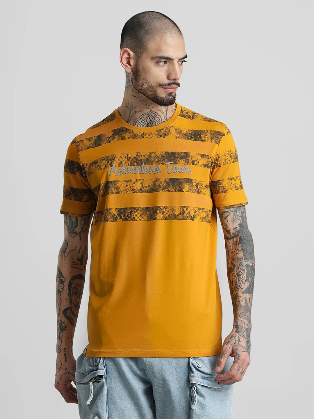 Mustard Printed Round Neck T-Shirt