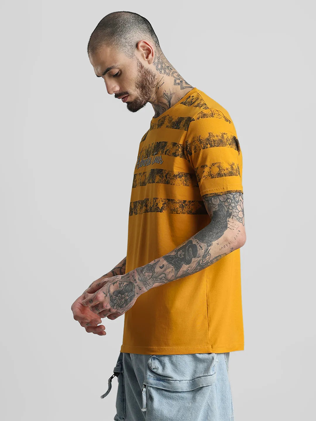 Mustard Printed Round Neck T-Shirt