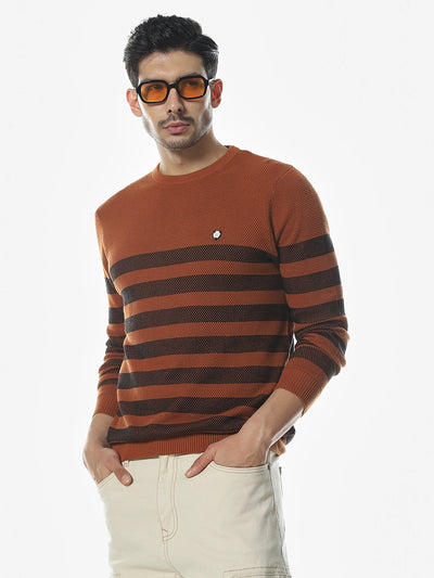 Rust/Black Striped Regular Fit Sweater