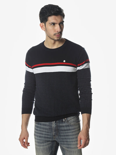 Navy Colourblocked Regular Fit Sweater