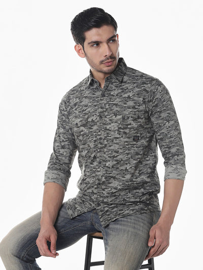 Grey Printed Slim Fit Shirt