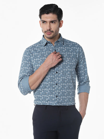 Blue Printed Slim Fit Shirt