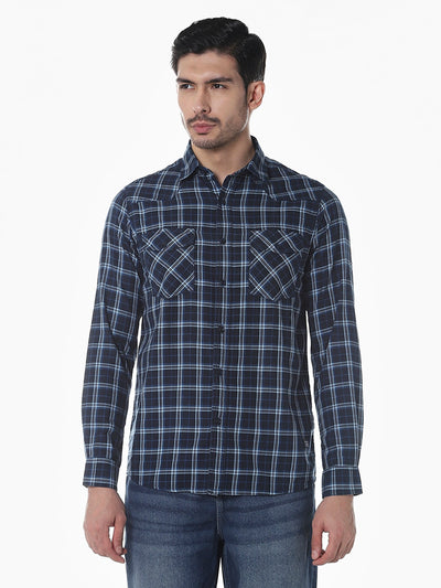 Navy Checkered Slim Fit Shirt