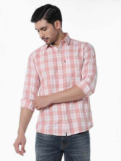 Peach Checked Slim Fit Shirt