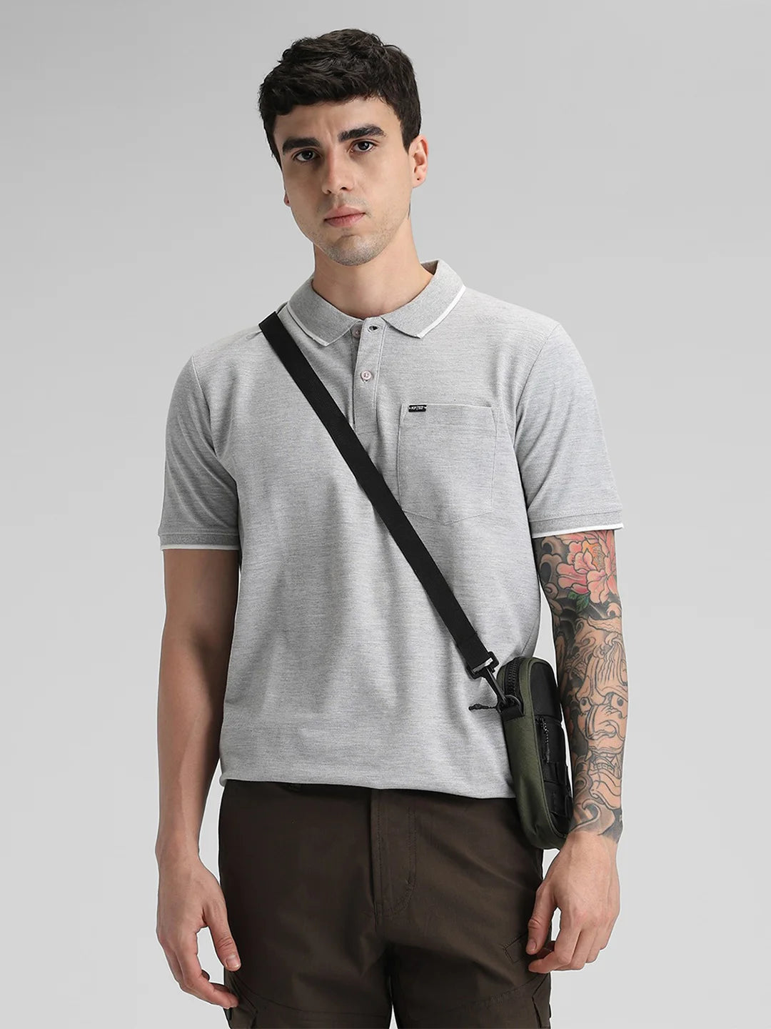 Grey Melange Solid Polo T-Shirt