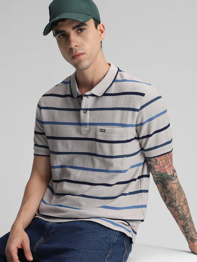 Grey Navy Striped Premium Polo T-Shirt