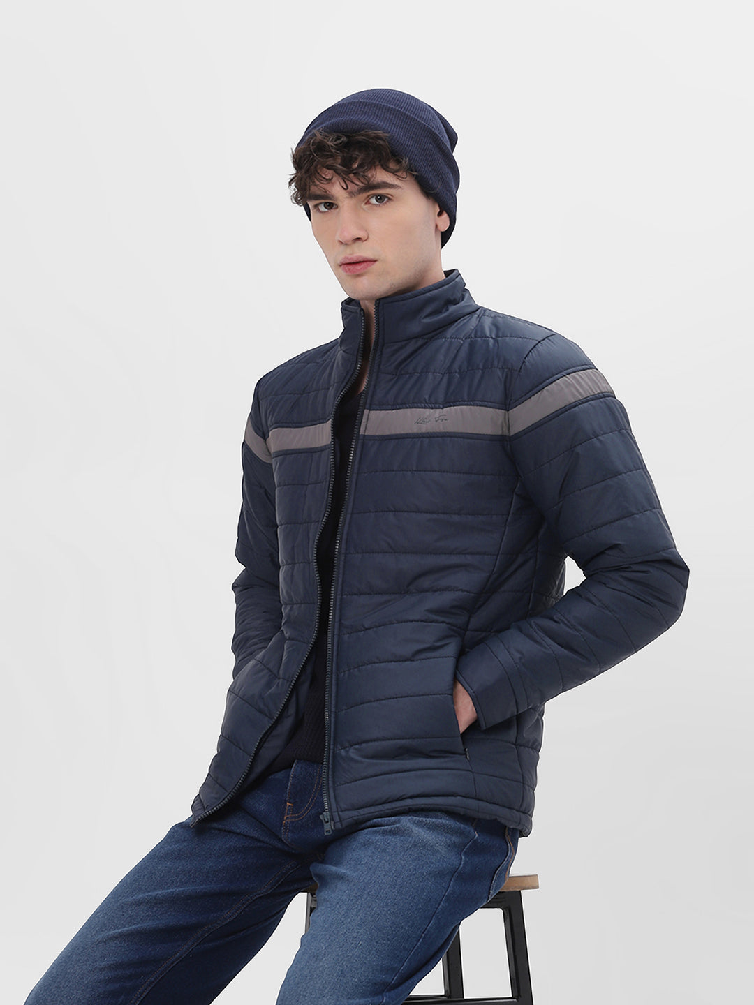 Navy & Grey Colourblocked Lightweight Puffer Jacket