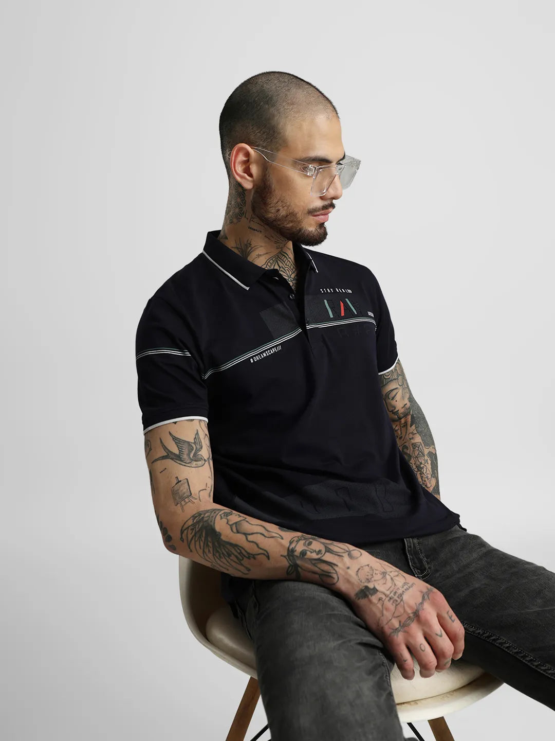 Navy Printed Polo T-Shirt