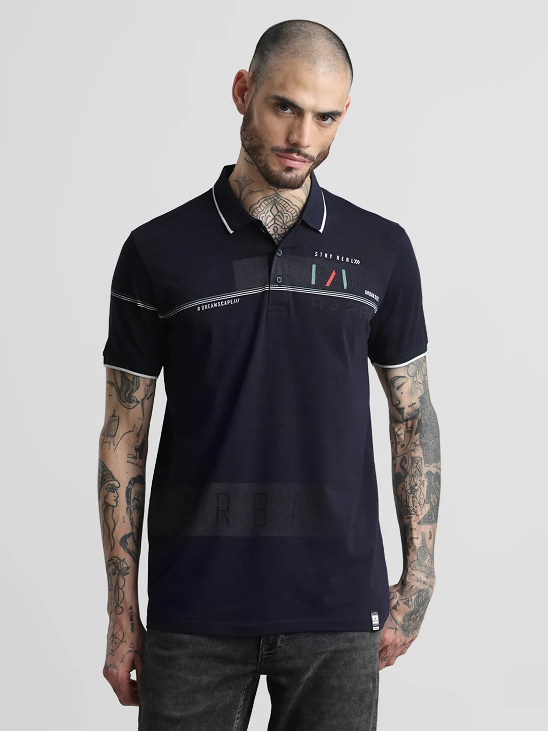 Navy Printed Polo T-Shirt